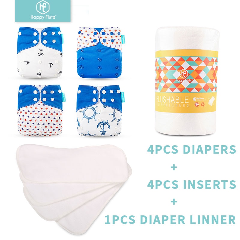 Happyflûte-couche lavable réutilisable, 4 Inserts + 1 couche jetable, taille ajustable, convient aux bébés de 3 à 15KG