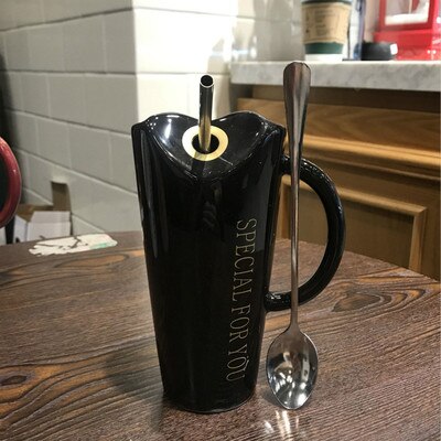 Taza de cerámica para beber OUSSIRRO, creativa, con personalidad minimalista, pajitas a granel, cuchara para hombre y mujer, taza para el hogar para oficina: Black