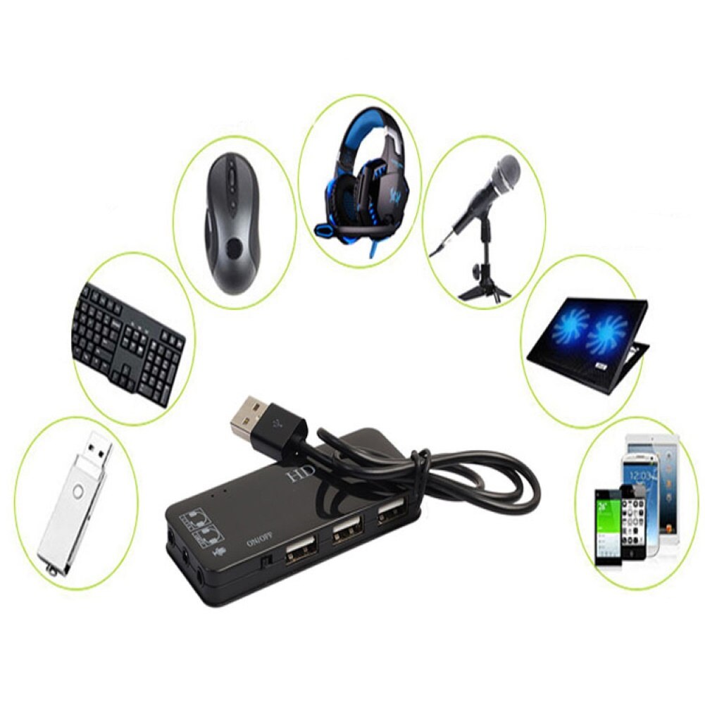 5V/0.6A 7.1 Channel 3 USB Ports External Sound Card Hub Audio Mic Adapter for PC Laptop External Sound Card