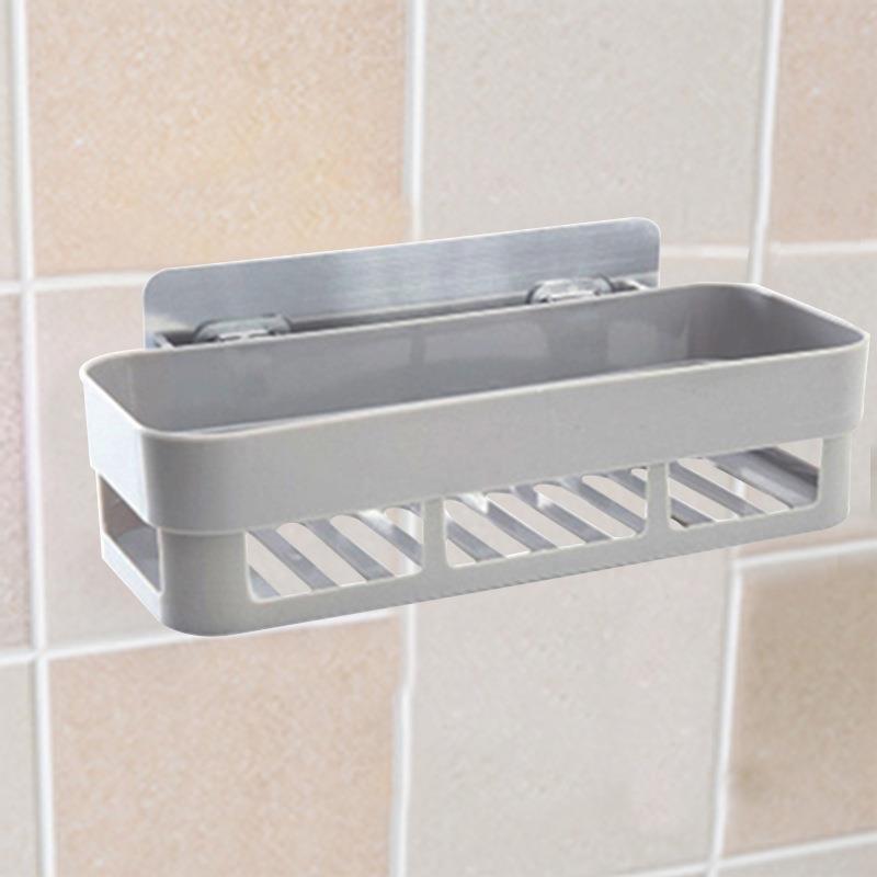 Bathroom Shower Shelf Rectangular Basket Plastic Suction Cup Storage Rack Shampoo Holder Household Kitchen Organizer Punch Free: Grey
