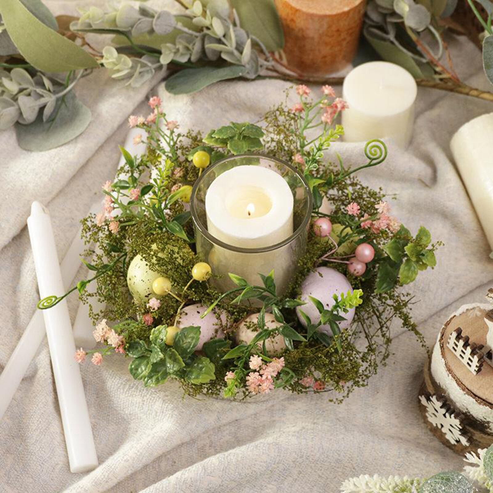 Easter Candle Holder Rings with Decorative Floral Eggs, Decorative Glass Tealight Candle Holder Candle Rings Wreaths Centrepiece