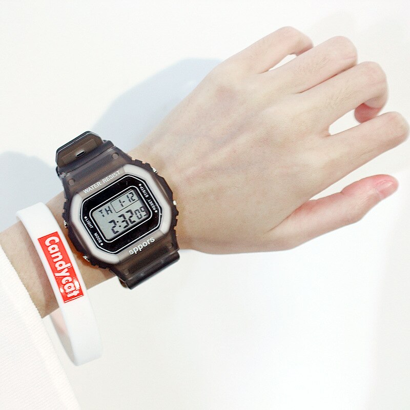 Women watches sport girl simple LED children student leisure silicone waterproof couple square lady quartz wristwatches: Transparent Black