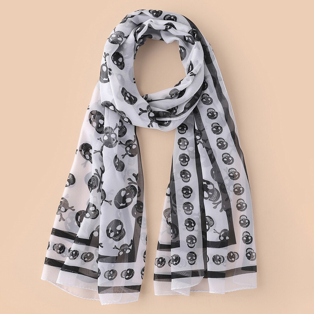 Black Chiffon Silk Feeling Skull Print Long Scarf Shawl Scaf Wrap For Women: white