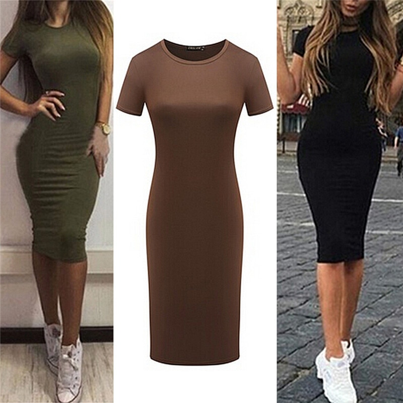 Vestidos de verano para mujer hasta la rodilla vestido de oficina ajustado de manga corta Vestidos de playa ajustados Vestidos Batas