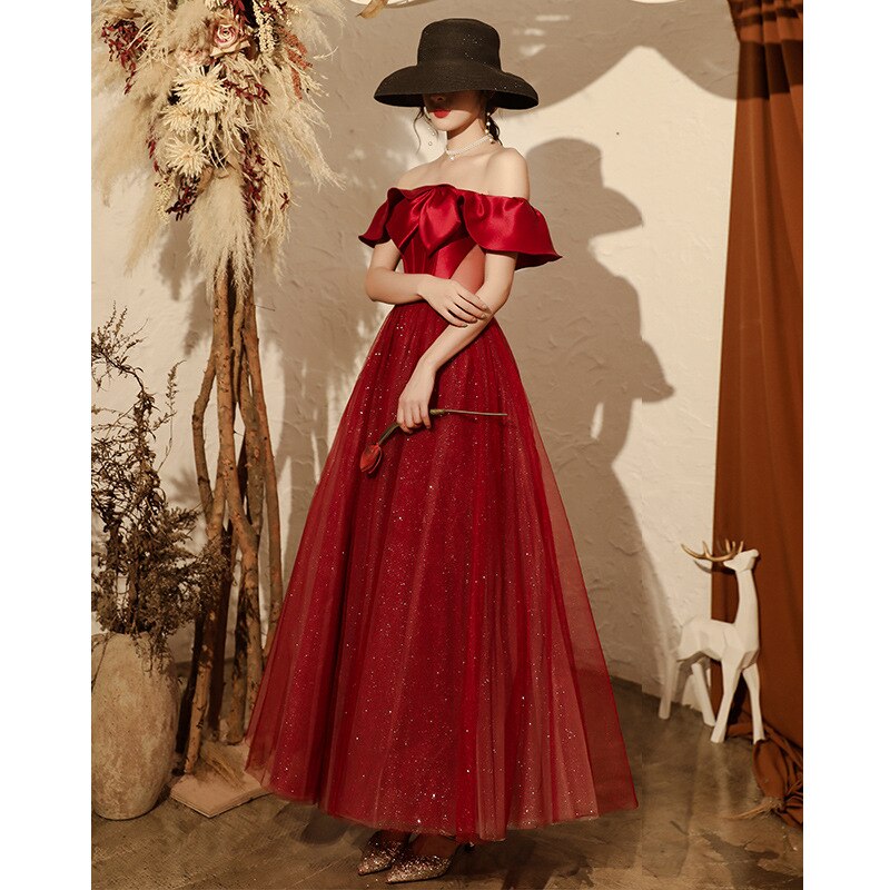 Vestido de noche para mujer, vestido de boda de color burdeos, vestido de novia tostado, Banquete de compromiso de gama alta