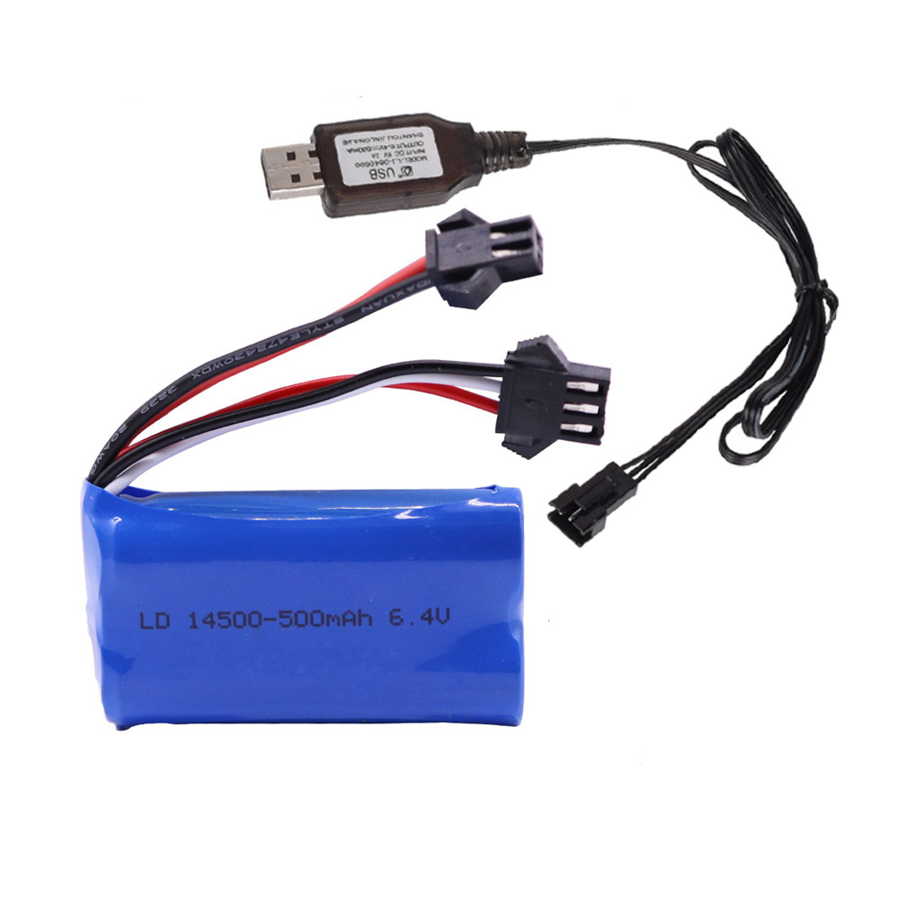 Batería de iones de litio de 6,4 v, 500mAh, con cargador USB, para Wltoys 18401, 18402, vehículo RC, 6,4 v, 14500, para juguetes, coches y barcos a control remoto: Rojo