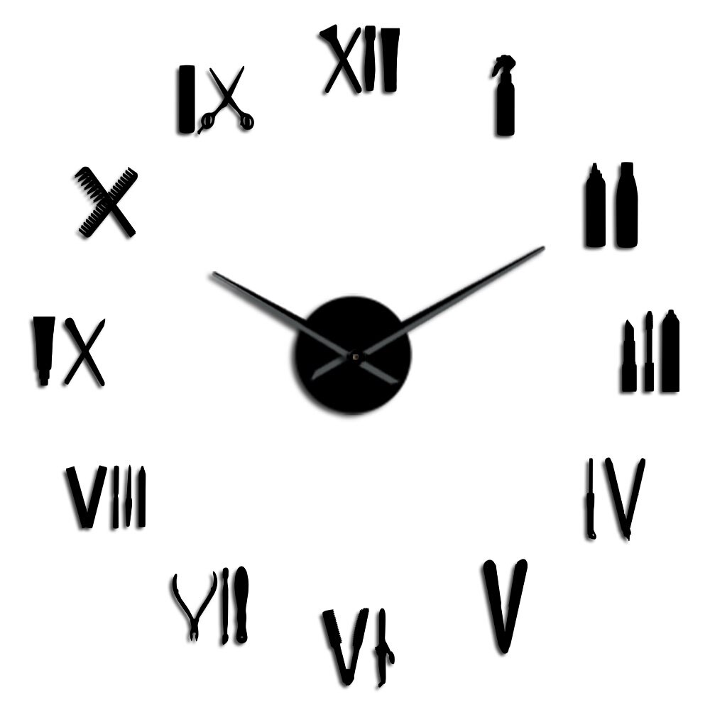 Barber Shop Tools Mirror Effect 3D DIY Wall Art Clock Roman Numerals Beauty Salon Tools Show Unique Wall Clock: Black / 47inch