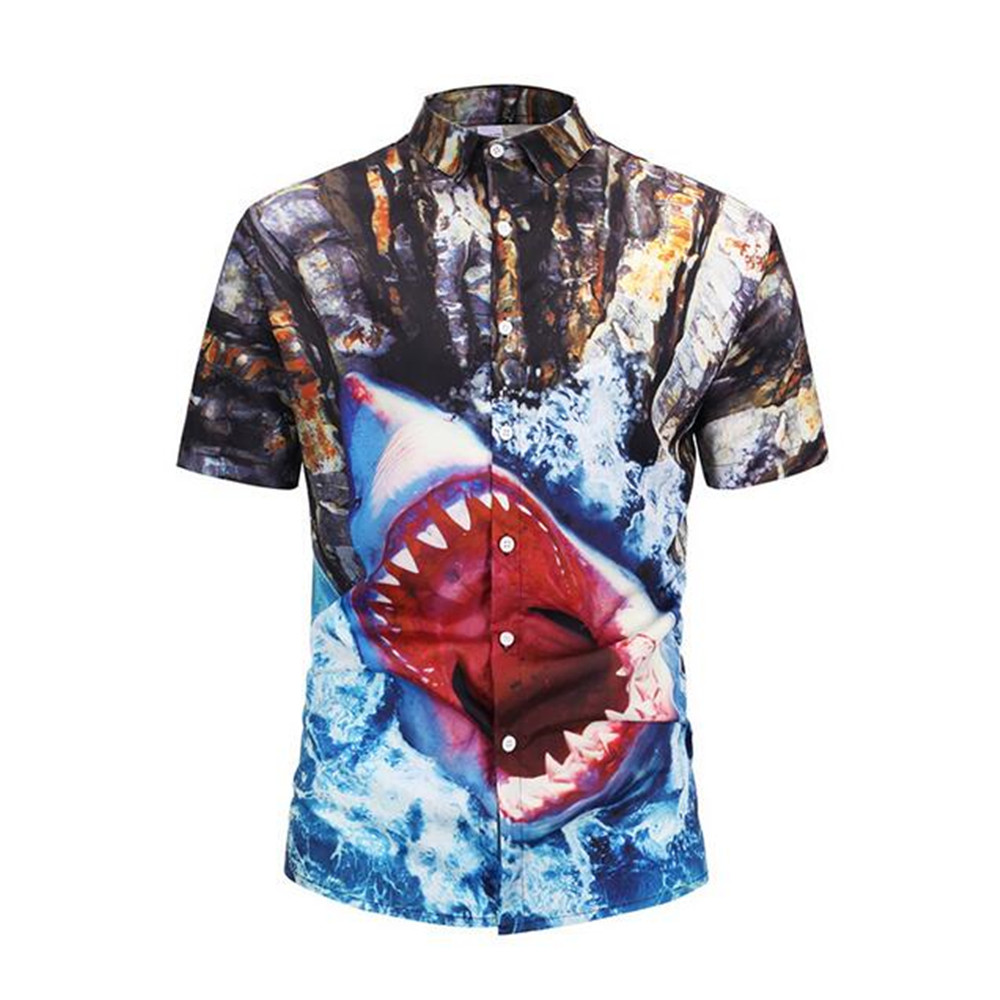 Zomer Mens Shark Shirts Korte Mouw Afdrukken Slim Mannen Blouse Casual Kleding Strand Overhemd