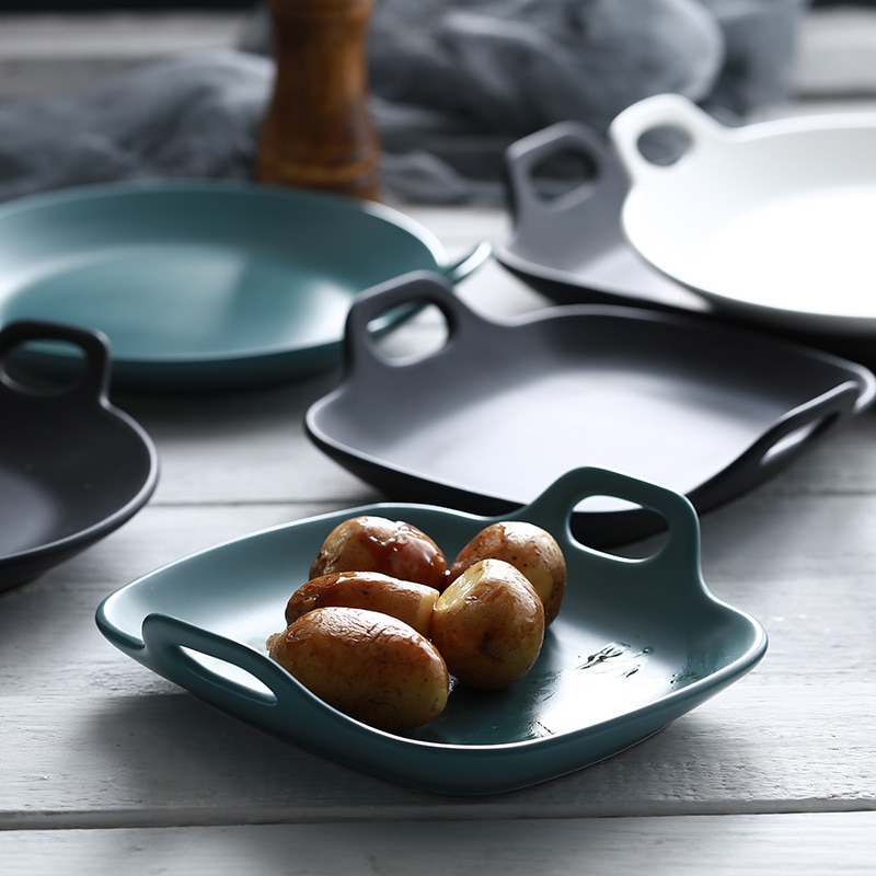 Nordisk retro keramisk tallerken med håndtak rund frokost middag tallerken årgang lagring brød dessert fruktbrett hjem dekorasjon
