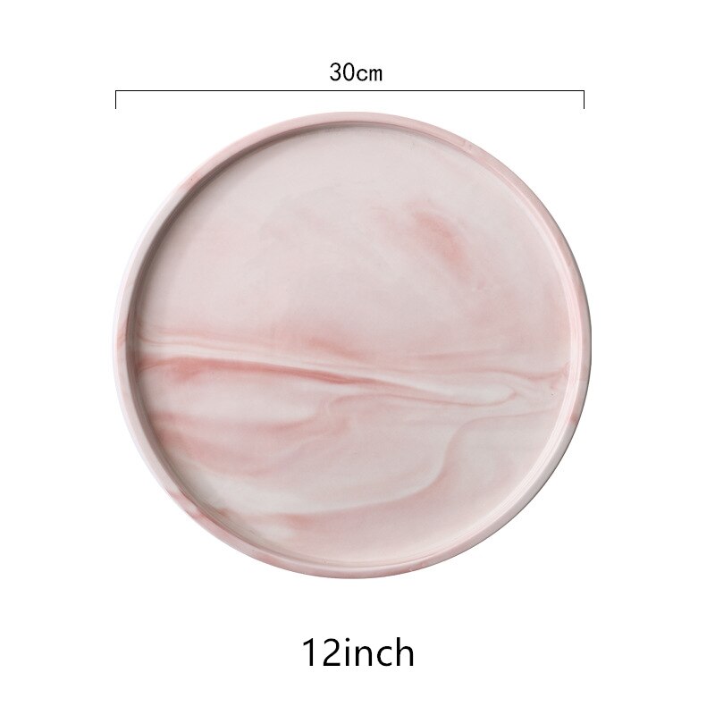 Luksus marmorplade lyserød blæk keramisk hjem dekorativ porcelæn leverer opbevaringsbakke dessert kagepande: Runde 12 tommer