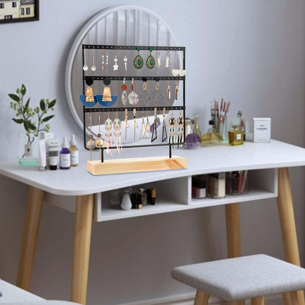 Oorbellenstandaard 3-- laags sieradenhouder organizer 69 gaten met houten basis displayrek voor vrouwen meisjes ho
