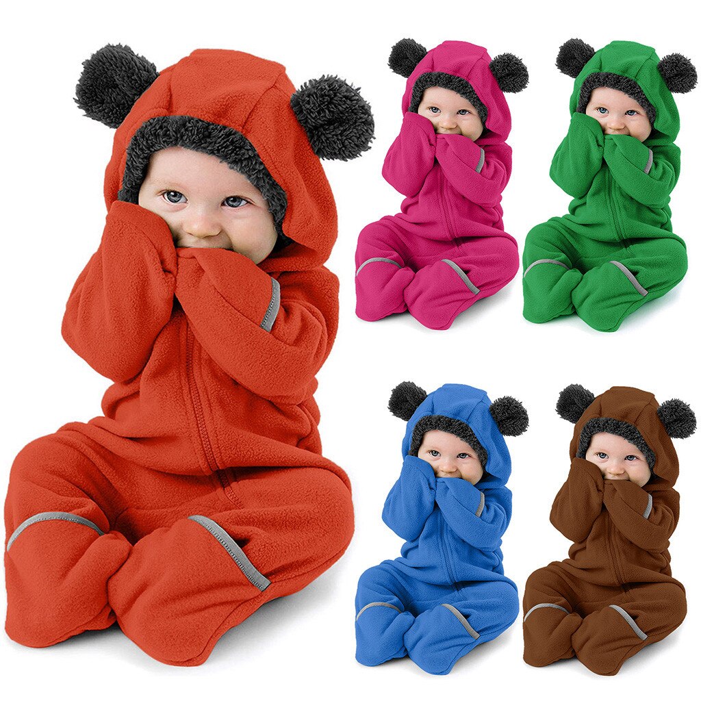 Baby Jumpsuit Romper Baby Baby Meisjes Jongens Solid Cartoon Fleece Oren Hoodie Romper Kleding Jumpsuit