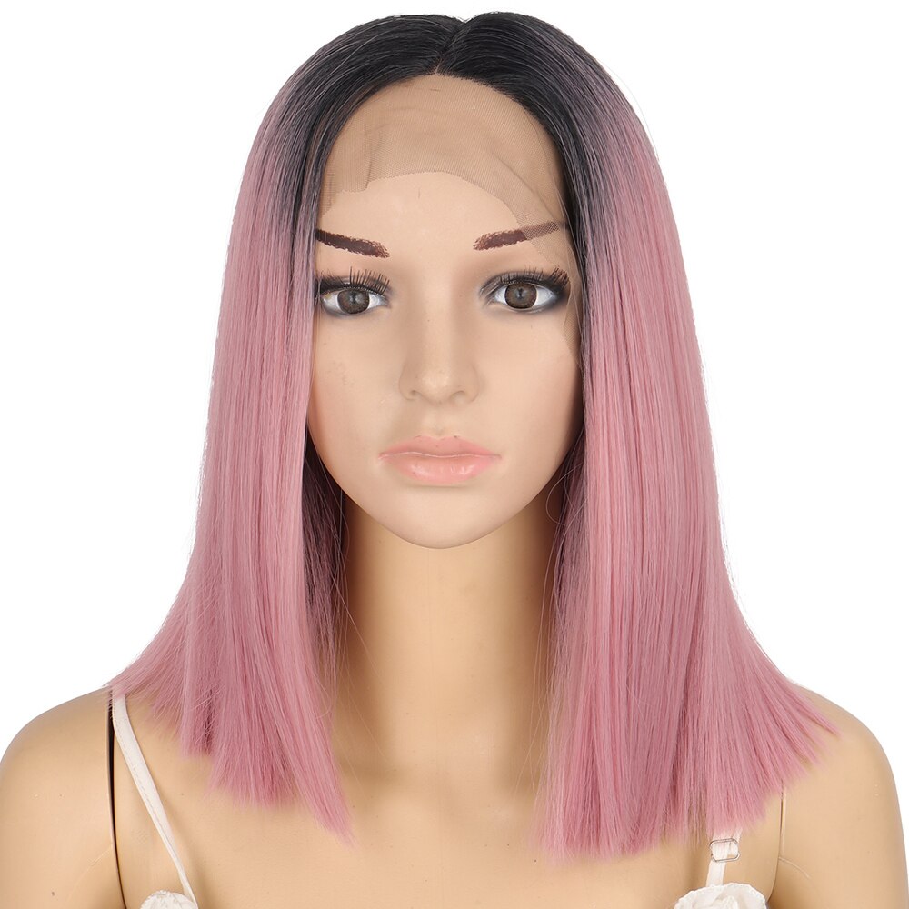 Allaosify Korte Bob Lace Front Pruiken Voor Zwarte Vrouwen Rechte Synthetische Pruik Hoge Temperatuur Vezel Haar Roze Donker Rood Blauw