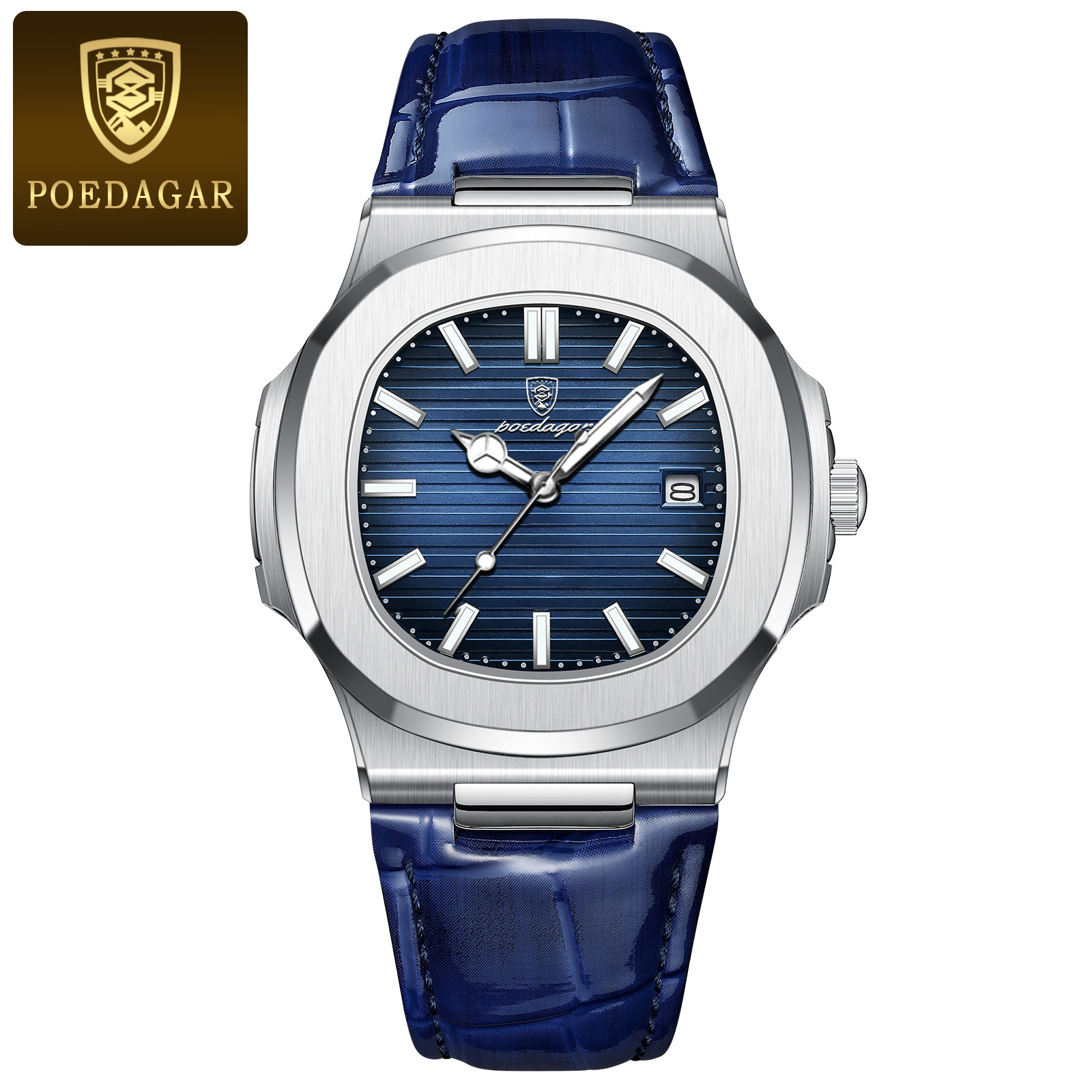 POEDAGAR Luxury Man Wristwatch Business Stainless Steel Quartz Men Watch Waterproof Luminous Date Square Men's Watches Clock+Box: Red