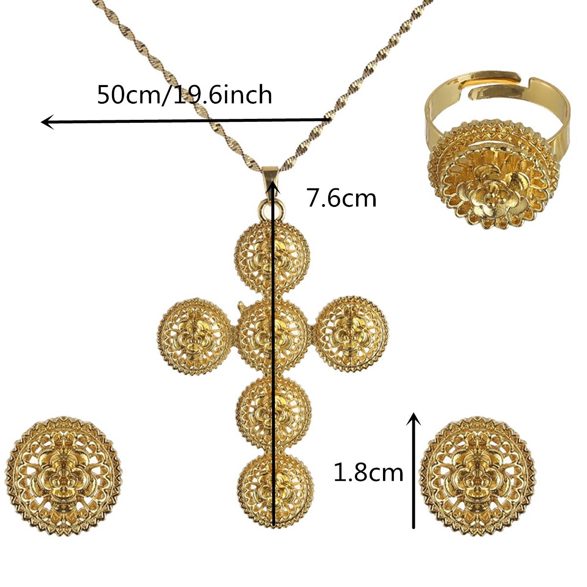 Goud Kleur Ethiopische Ketting Oorbellen Ring Ethiopië Eritrea Habesha Wedding Cross Sieraden Sets Voor Vrouwen Party