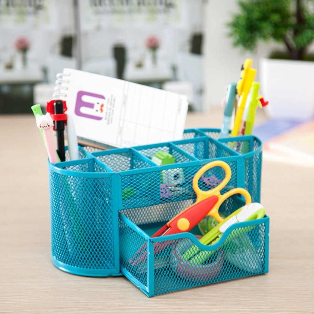 Blue Mesh Desk Organizer Desktop Pencil Holder Accessories Office Supplies Caddy with Drawer, 9 Compartments