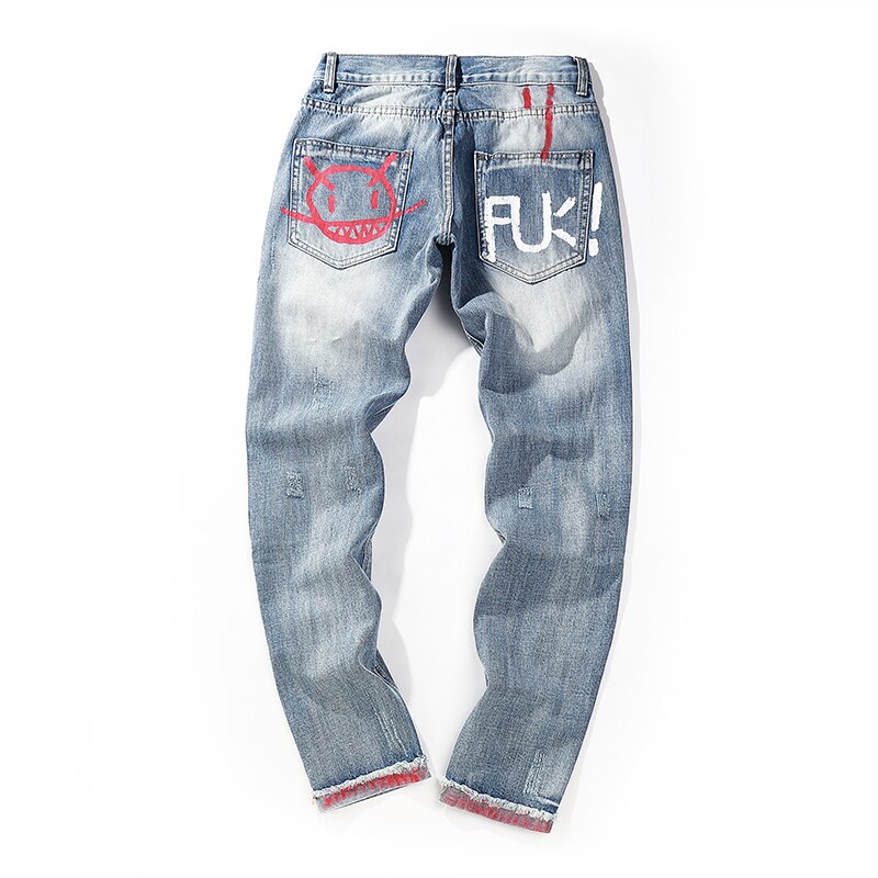 3XL Plus Size Heren Broek Brief Afdrukken Gat Slanke Jeans Broek Streetwear Hip Hop Ripped Jeans Voor Mannen Verontruste Denim broek