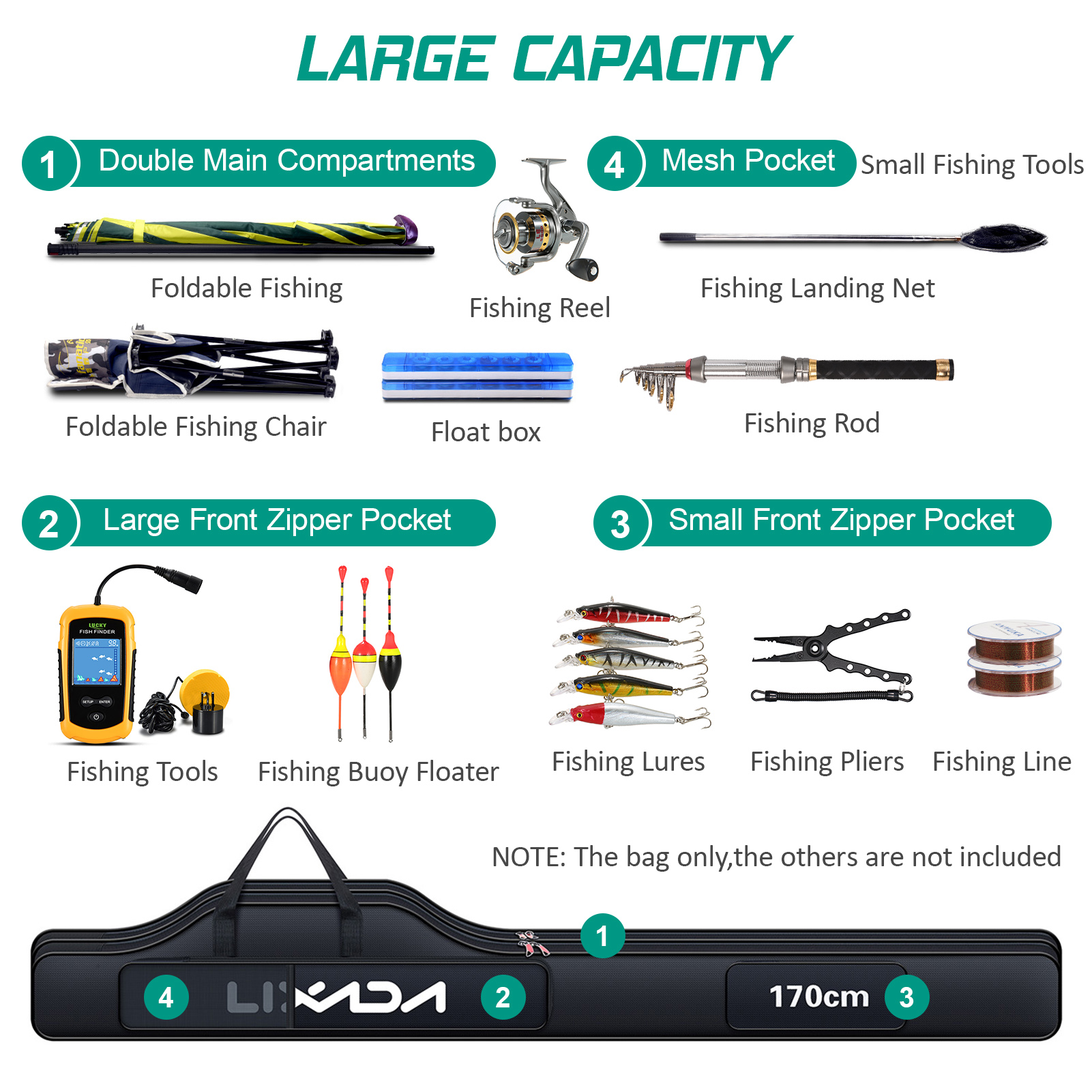 Lixada 190cm Fishing Bag Portable Folding Fishing Rod Reel Bag Fishing Pole Gear Tackle Tool Carry Case Carrier Storage