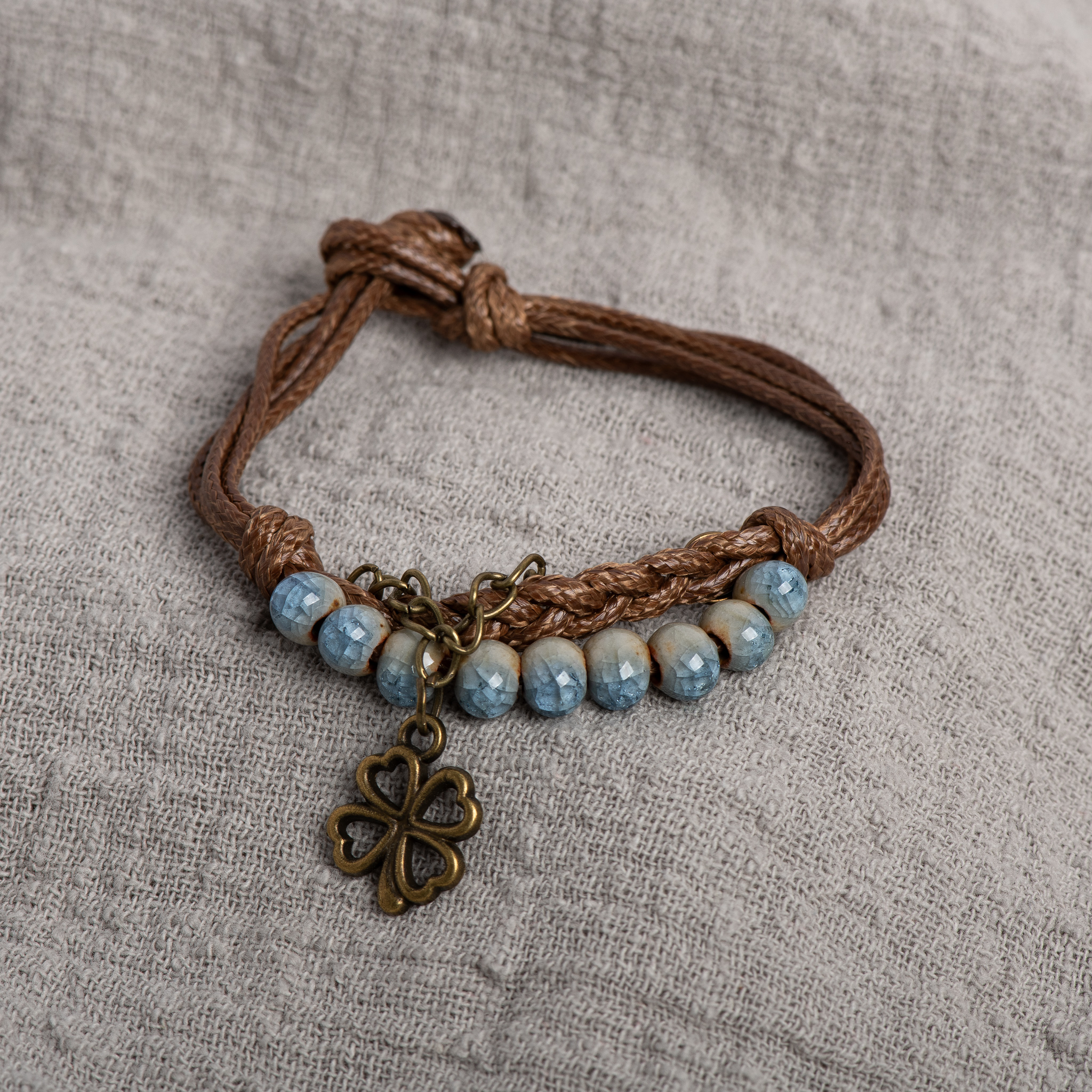 Pulsera de cerámica de trébol de cuatro hojas de la suerte, cordón de cera hecho a mano con cuentas craqueladas, opciones azules y verdes, Vintage para mujer