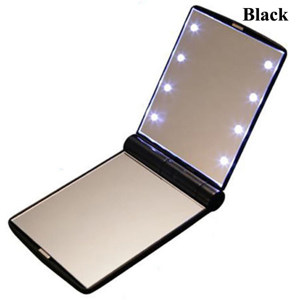 1PC Women Travel Portable Pocket Make Up Mirror with 8 LED Lights Cosmetic Folding Compact Makeup Tool Ladies Nice: Black