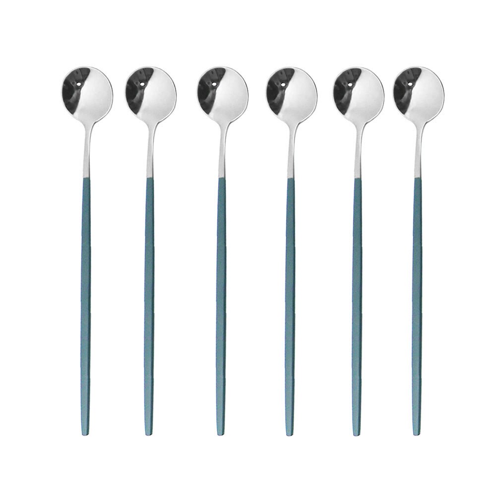 6Pcs Rainbow Long Hangdle Spoon For Polished Stirring Drink Dessert Ice Cream Spoon Cutlery Flatware Steainless Steel Tableware: Green Silver