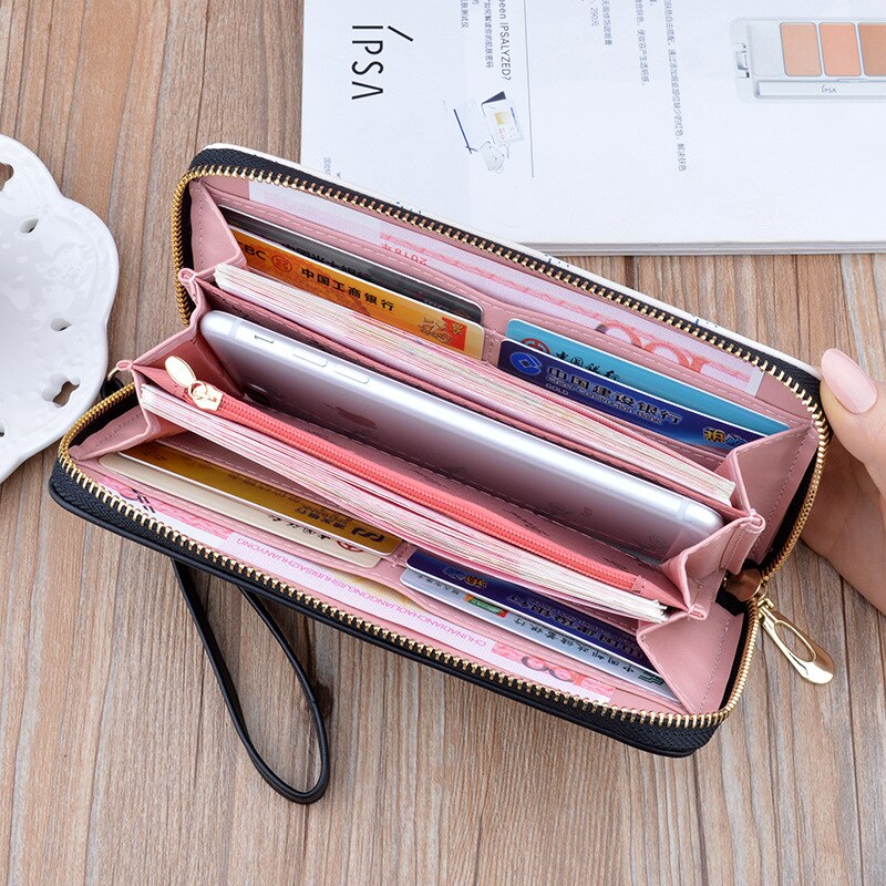 Dames portemonnee lange portemonnee rits handtas koreaanse eenvoudige contrasterende kleur portemonnee grote capaciteit zachte leren mobiele telefoon tas