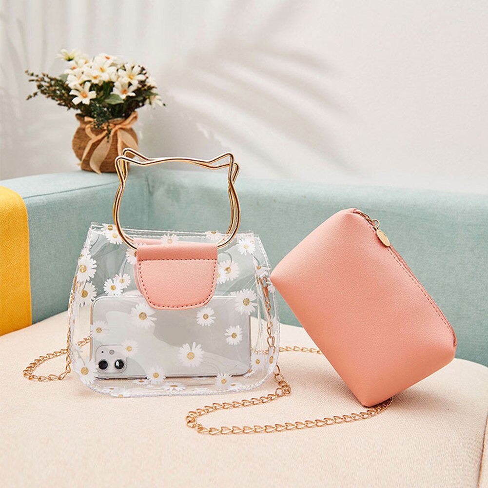 Schouder Waterdichte Draagbare Voor Vrouwen Casual Daisy Patroon Keten Transparant Crossbody Handtas Messenger Met Inner Pouch