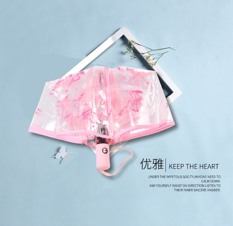 Opvouwbare Paraplu Transparant Automatische Paraplu Cartoon Flamingo Paraplu Sunny Rain Paraplu Draagbare Dame Paraplu: Auto Flamingo