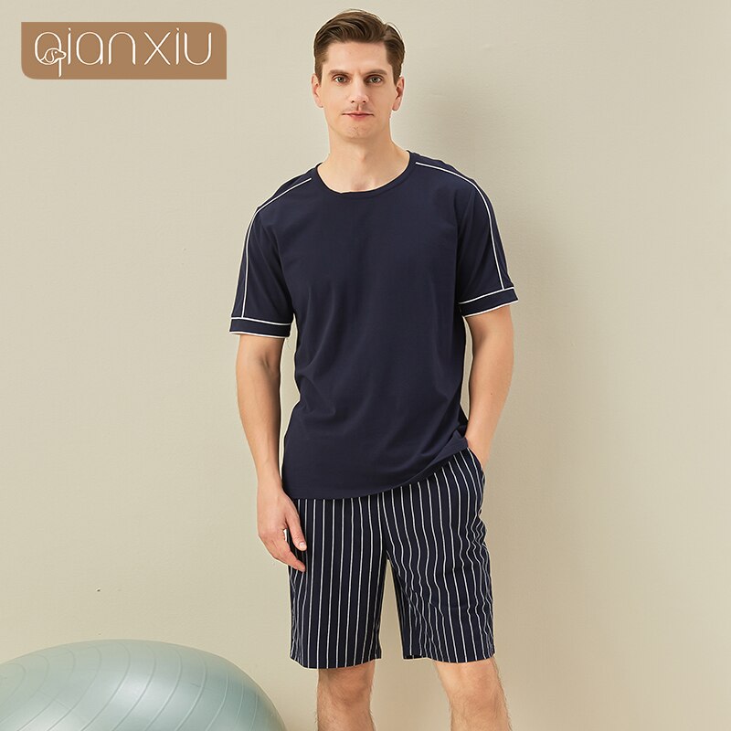Verão novo algodão masculino cor sólida manga curta gola redonda topo stripe shorts casa conjunto simples pijamas casa terno: Preto / L