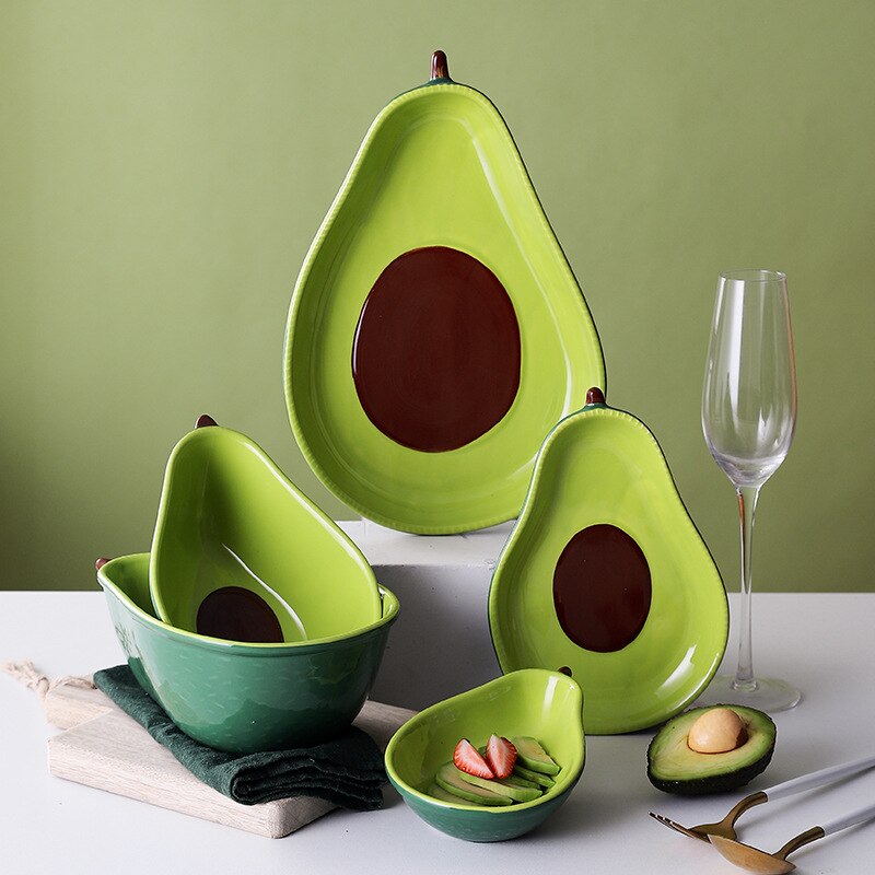 Bandeja kawaii en forma de aguacate, plato de cerámica para ensalada de frutas, decoración para el hogar, cocina, Bol para arroz o sopa, vajilla para niños