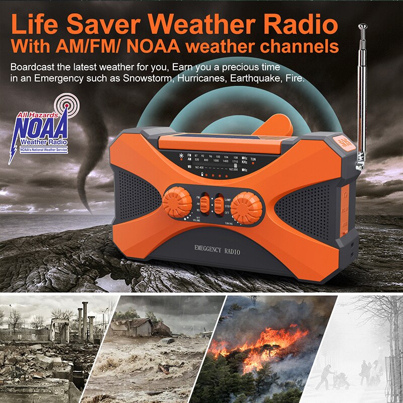 Emergency Radio 10000mAh Solar Hand Crank Portable AM/FM/NOAA SOS Radio with Flashlight&amp;Reading Lamp Cell Phone Charger radio