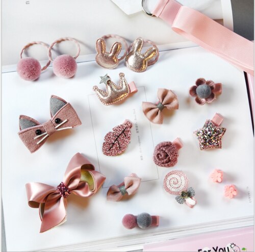 Kinderen Accessoires 18 Stks/sets Prinses Baby Kids Meisje Baby Hoofdband Grosgrain Haarelastiekjes Clips Haar Clips Touw Set: Dark Pink