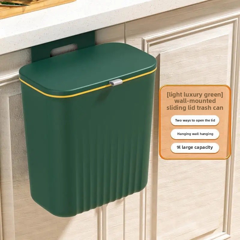 Wall-Mounted Home Use Trash Can Sliding Cover Kitchen Living Room Storage Plastic Waste Bin Attractive Appearance Bathroom: grey