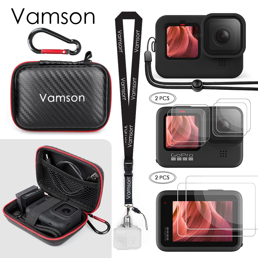 Vamson Accessoires Kit Voor Gopro Hero 10 9 Zwart Mini Draagtas Gehard Glas Screen Protector Mouw Lanyard Voor Go pro 9