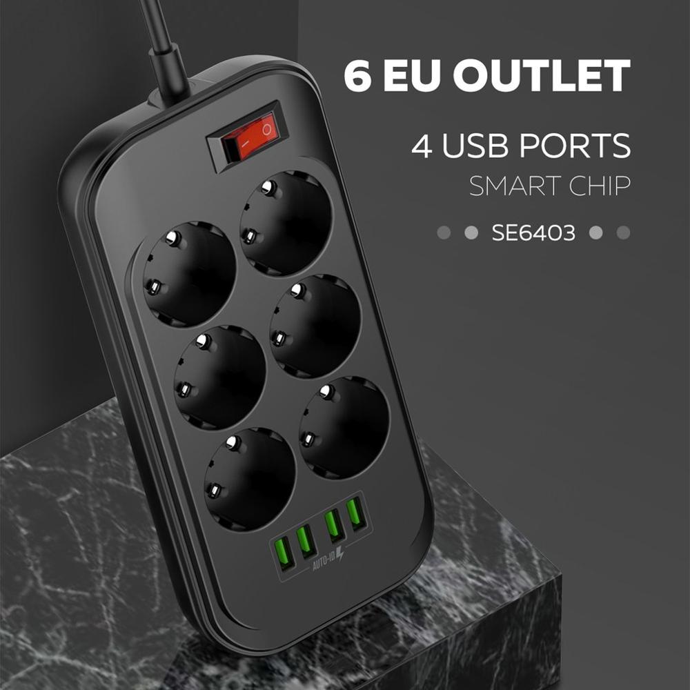 4 Usb 6 Ac Eu Smart Power Strip Socket Outlets,2M Netsnoer Lader Adapter Voor Home Office Global Meerdere Stopcontacten