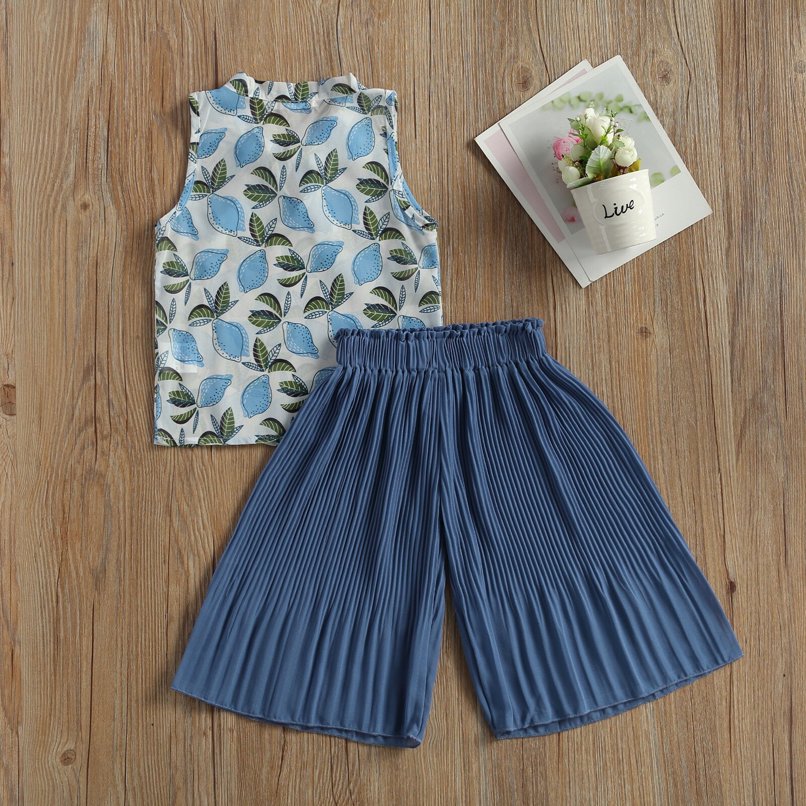 FOCUSNORM 3-7Y Summer Kids Girls Clothes Sets Flowers Print Bow Sleeveless Vest Tops Wide Leg Pants