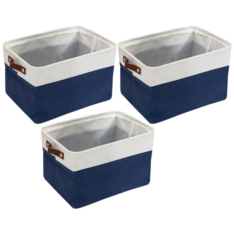 3 Pack Foldable Storage Bin Rugged Canvas Fabric Cube Container with Handles Great for Organizing Closets: white blue