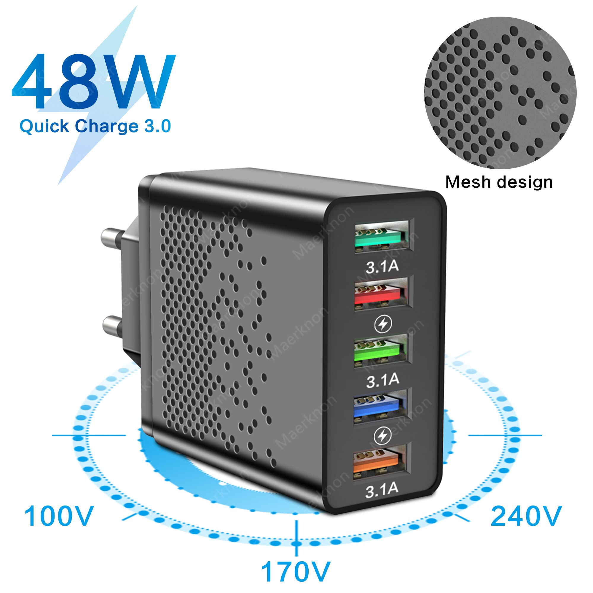Chargeur USB 48W 5 Ports Charge rapide 3.0 4.0 Adaptateur de prise EU / US pour iPhone Xiaomi Android Chargeur mural Charge rapide Chargeur de téléphone