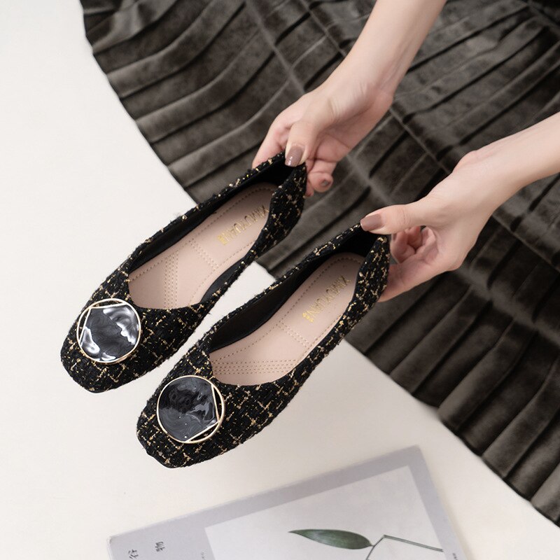 Casual damesschoen ronde neus ondiepe mond damesschoenen modis all-match grote maten vierkante jurk stof basic plat vetersluiting