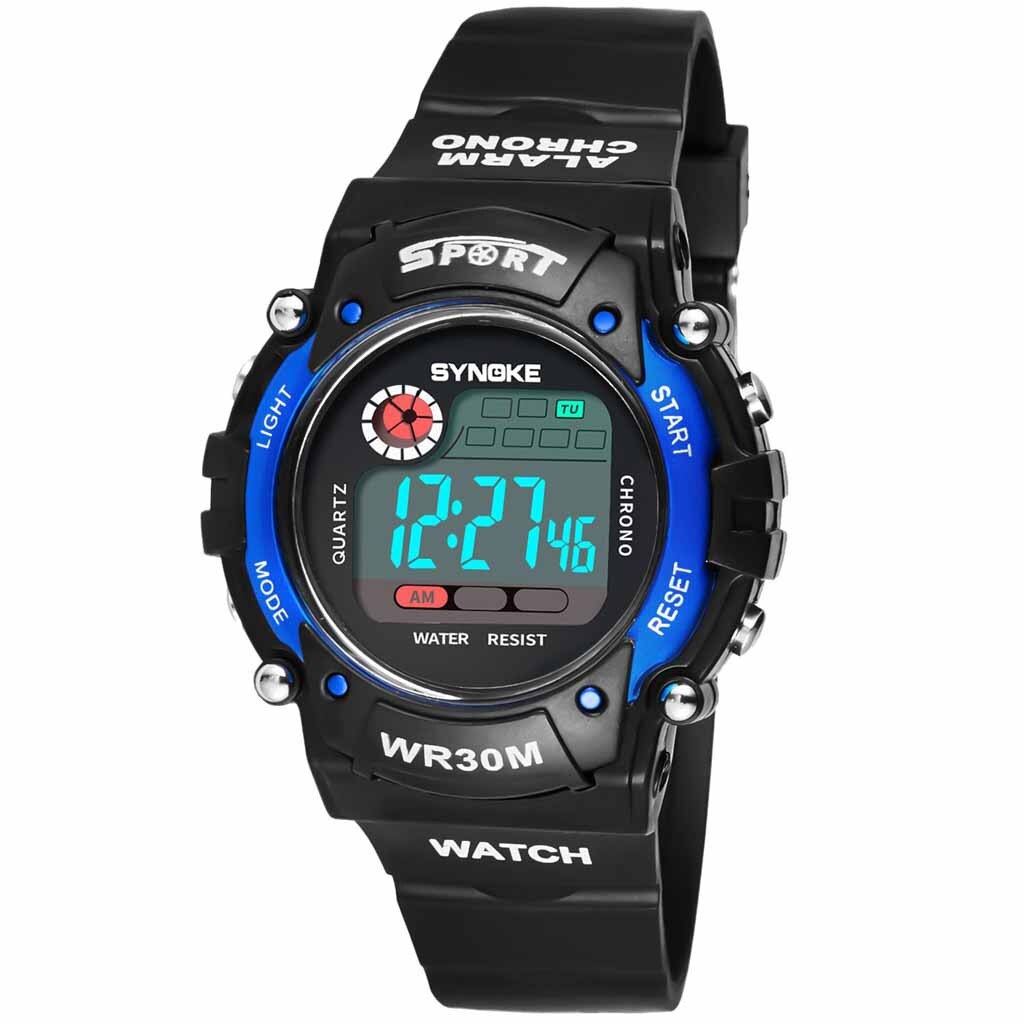 Digitale Horloge Voor Kinderen Wekker 30M Waterdichte Led Lichtgevende Sport Horloge Roestvrij Stalen Gesp Plastic Band Horloge: Blue