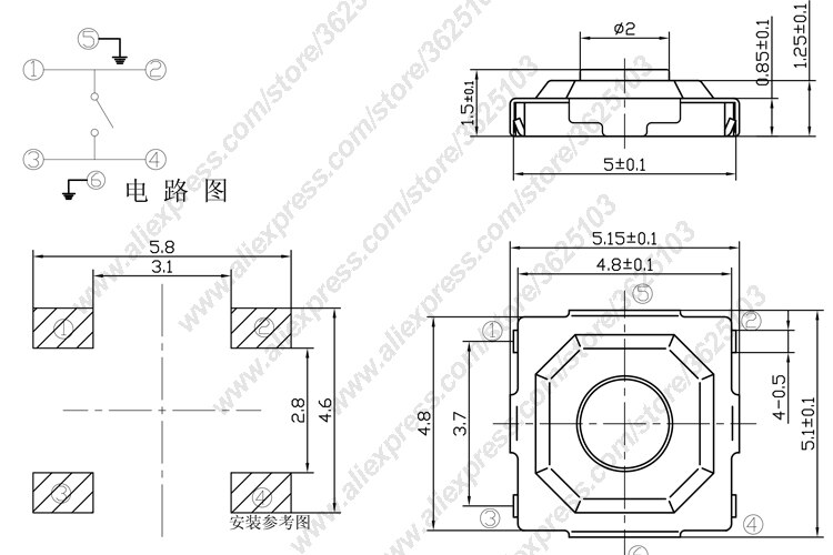 50 stks/partij SMD 4*4*1.5mm (5.2*5.2*1.5mm) tactile Tact Push Button Micro Schakelaar Momentary Push Knop Koper Hoofd/Rubber Hoofd etc.