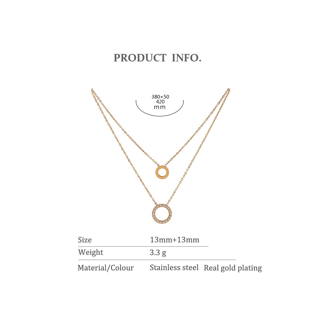 Yhpup Stainless Steel брелок Exquisite Round Hollow Layered Chain Necklace Delicate Shiny Cubic Zirconia Choker Necklace
