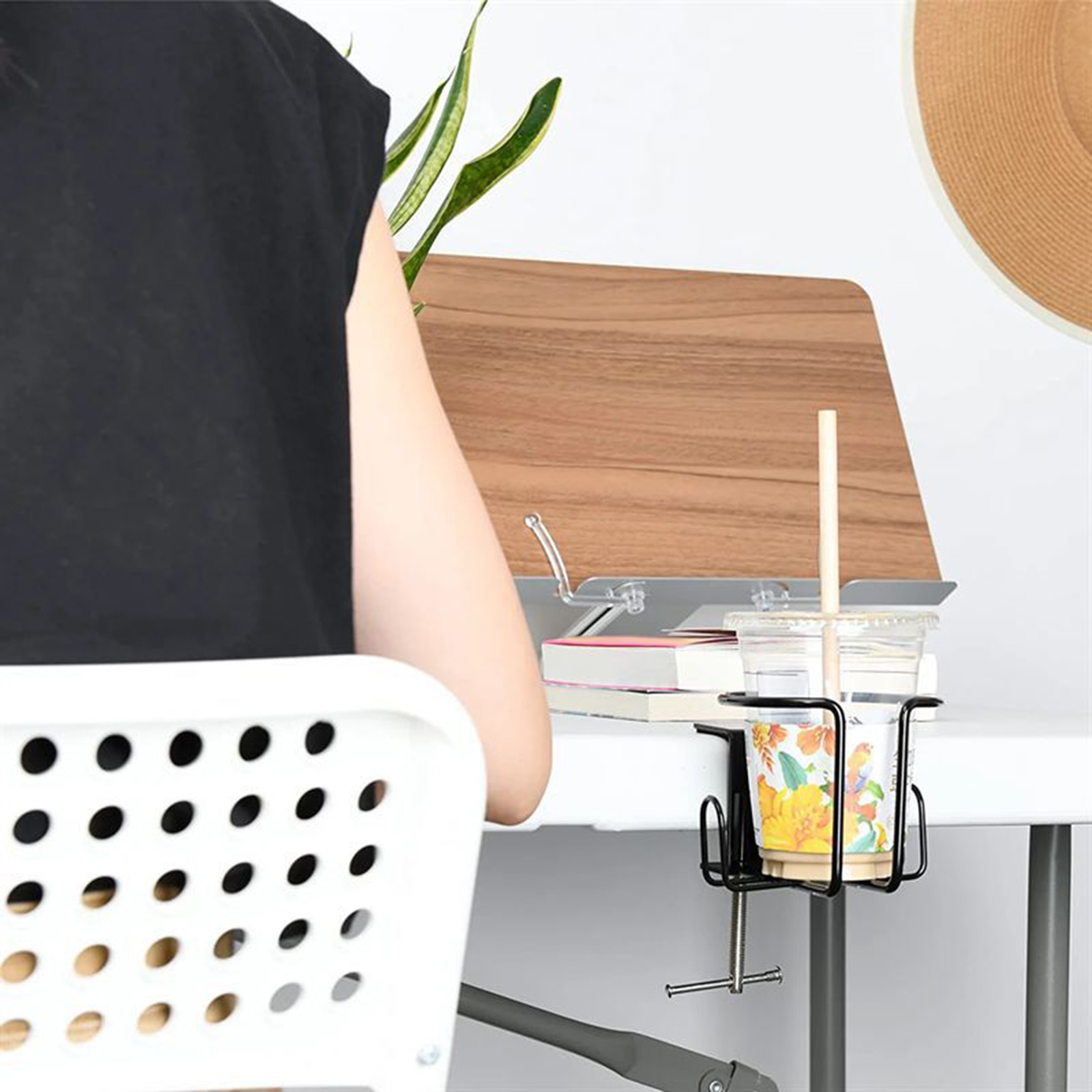 2 in 1 Desk Cup Holder Water Bottle Holder Metal Clip on Desk Cup Holder Mount for Office Desktop Gaming Table Living Room