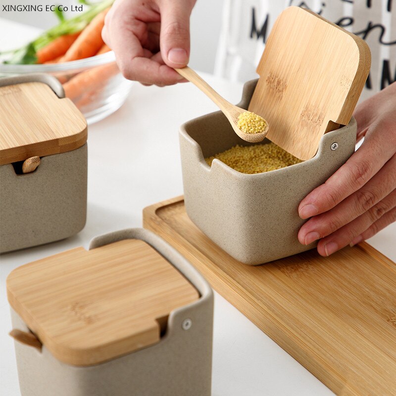 Style japonais assaisonnement boîte ménage sucre céramique bol assaisonnement pot avec couvercle sel pot huile d'olive bouteille cuisine fournitures