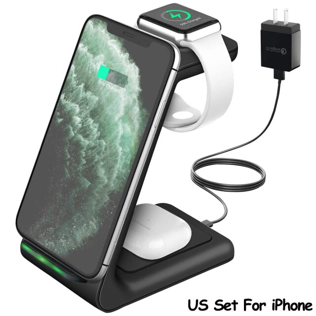 10W Qi Draadloze Snelle Oplader Houder Quick Opladen Stand Type-C 3 In 1 Station Voor Samsung Horloge actieve Galaxy Knoppen IPhone12/11: Black US For IPhone