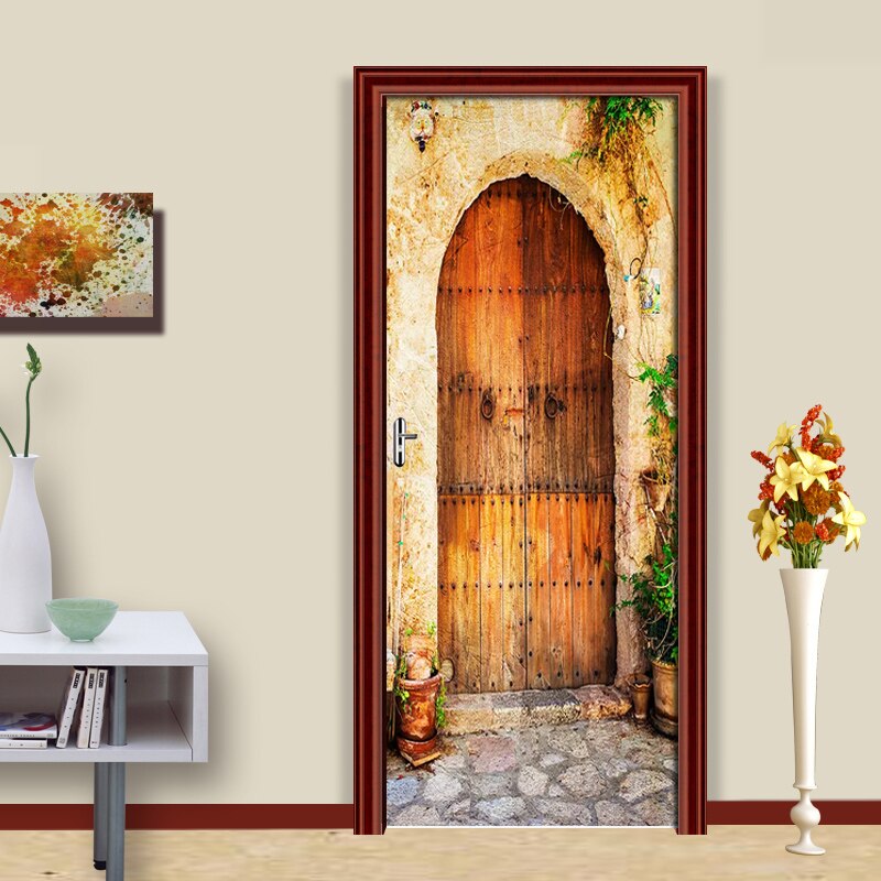 Pvc Self Adhesive Door Sticker Retro Street Wood Door 3D Sliding Door Wallpaper Living Room Bedroom Home Decorative Wall Sticker
