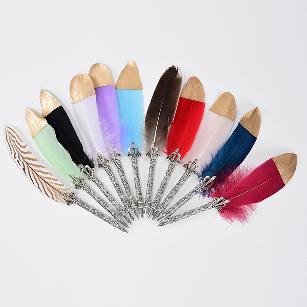 Vintage Kalligrafie Pen Set Veer Quill Pen met Inkt Metalen Pen Nib Schrijven Dip Ink Pen Gift Set Grijze veren pen