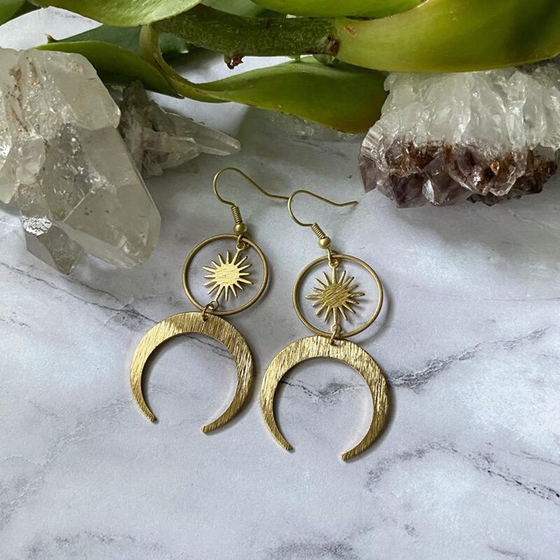 Celestial Sun and Moon Earrings Crescent Phase Boho Witchy Brass or Antique Gold Color Jewelry 2022 Women Girlfriend