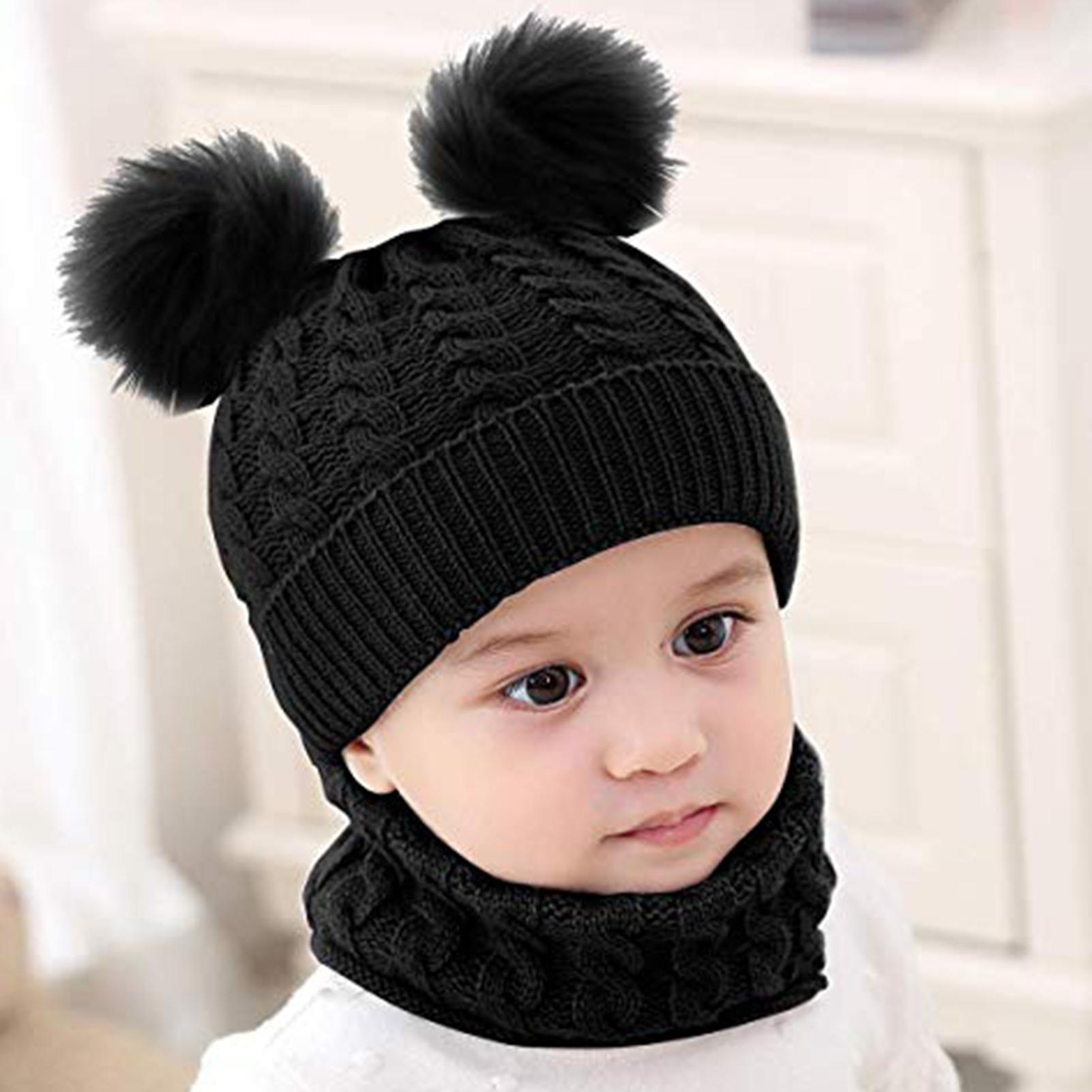 Gorros de invierno para niños, orejas para niñas, niños, gorros cálidos, gorros de invierno para bebés, gorro trenzado de doble Pompón, gorro de punto, conjunto de bufanda de cuello cálido