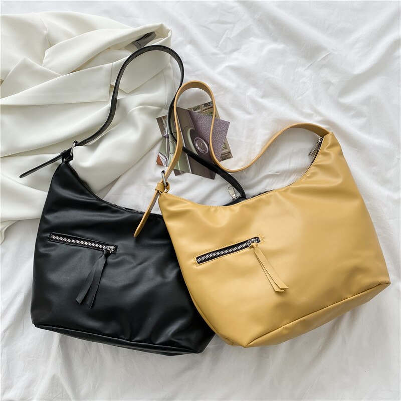 2021Solid Color PU Leather Female Tote Handbag Lady's Shoulder Large Bags Brand Women‘s Casual Zipper Bag